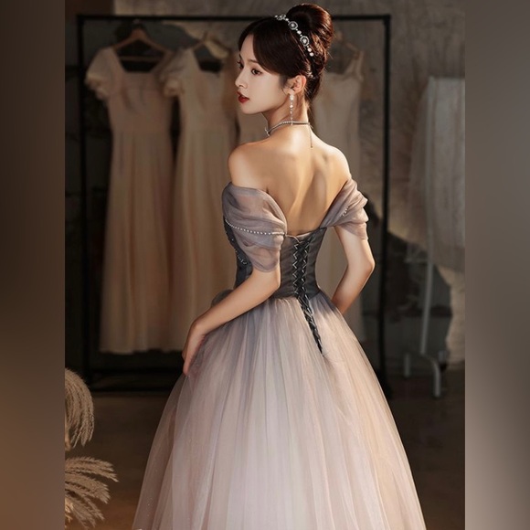 Elegant Neutral Pearl Prom Dress | Timeless Off Shoulder Evening Gown- worn once - Picture 3 of 5